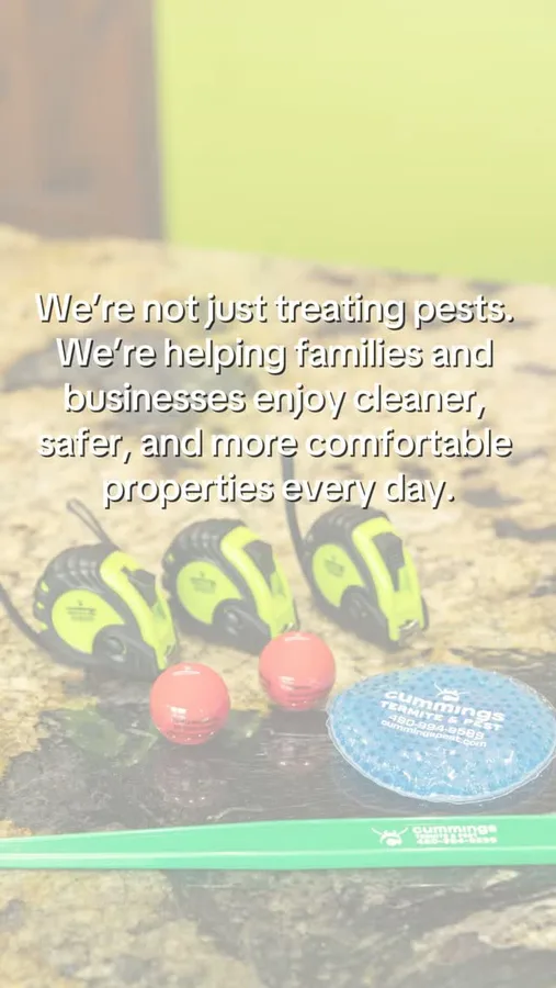 Cummings pest-control tools with a message about helping families and businesses enjoy safer properties